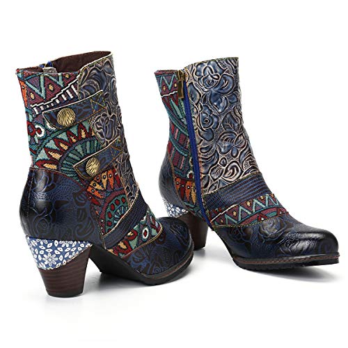 Camfosy - Botas de piel para mujer con talón, diseño de rosas coloridas y elegantes, antideslizantes, cómodas, con una bonita decoración de flores, color Azul, talla 38 EU