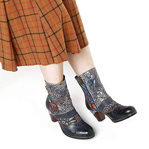 Camfosy - Botas de piel para mujer con talón, diseño de rosas coloridas y elegantes, antideslizantes, cómodas, con una bonita decoración de flores, color Azul, talla 38 EU