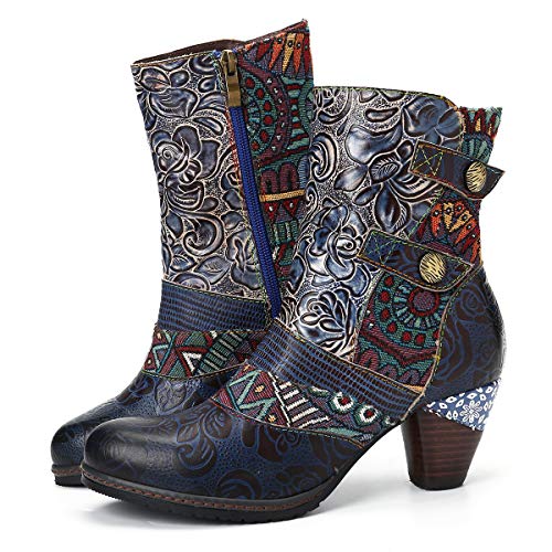 Camfosy - Botas de piel para mujer con talón, diseño de rosas coloridas y elegantes, antideslizantes, cómodas, con una bonita decoración de flores, color Azul, talla 38 EU