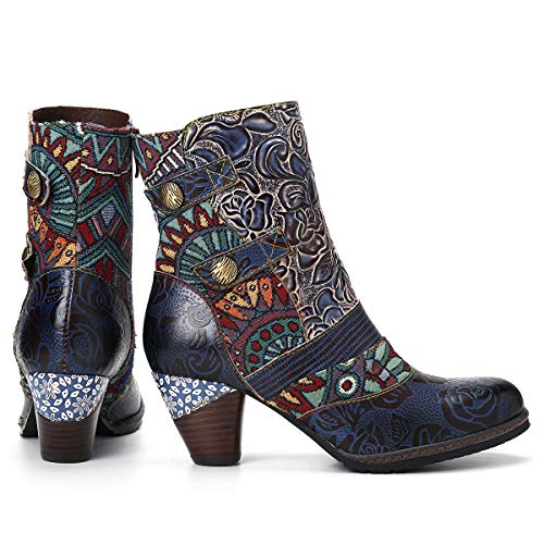 Camfosy - Botas de piel para mujer con talón, diseño de rosas coloridas y elegantes, antideslizantes, cómodas, con una bonita decoración de flores, color Azul, talla 38 EU