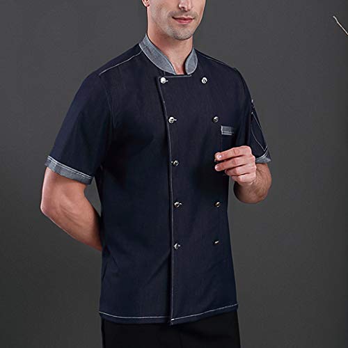 Camisa de Chef de Vaquero Chaqueta de Cocinero de Mangas Cortascon Bolsillo de Pecho Uniforme de Restaurante de Verano Transpirable - Azul purpúreo, XXXL