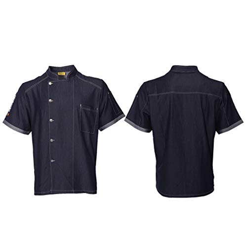 Camisa de Chef de Vaquero Chaqueta de Cocinero de Mangas Cortascon Bolsillo de Pecho Uniforme de Restaurante de Verano Transpirable - Azul purpúreo, XXXL