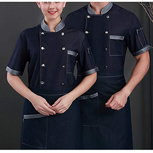 Camisa de Chef de Vaquero Chaqueta de Cocinero de Mangas Cortascon Bolsillo de Pecho Uniforme de Restaurante de Verano Transpirable - Azul purpúreo, XXXL