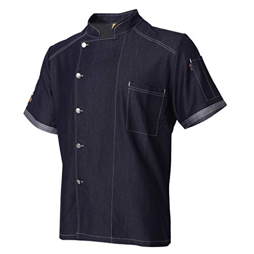 Camisa de Chef de Vaquero Chaqueta de Cocinero de Mangas Cortascon Bolsillo de Pecho Uniforme de Restaurante de Verano Transpirable - Azul purpúreo, XXXL