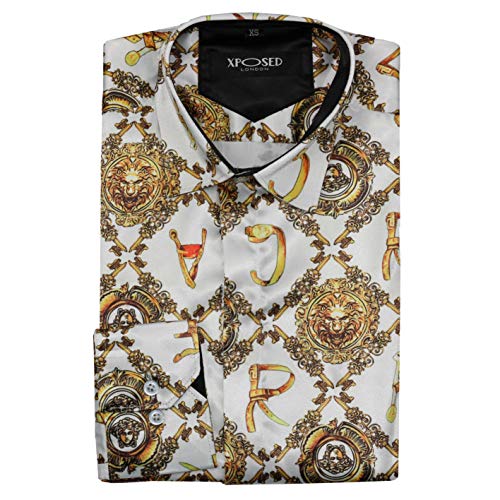 Camisa de vestir para hombre con estampado de oro en color blanco, estilo italiano -  Blanco -  6X-Large