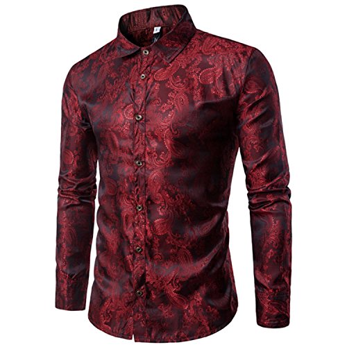 Camisas de vestir para hombre casual de manga larga formal, cuello con botones, camisas de esmoquin Rojo rojo vino L