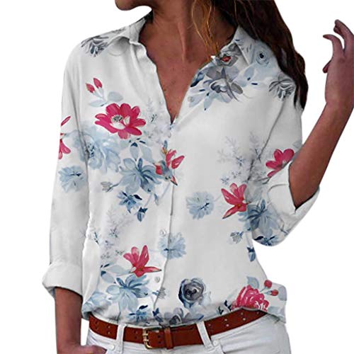 Camisas Mujer Manga Larga 2019 SHOBDW Liquidación Venta Camisetas Mujer Leopardo Blusas Mujer Tallas Grandes Cuello en V Botón Tops Mujer Regular Fit Sexy Camisas Mujer Floral S-5XL(Rosado,5XL)