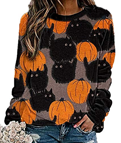 Camiseta con Capucha con Estampado de Calabaza y Gatos Negros de Halloween para Mujer, Camiseta Divertida de Camisetas de otoño para Chicas Adolescentes