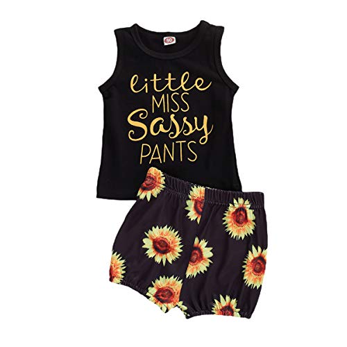 Camiseta de bebé niña Miss Sassy chaleco tops girasol pantalones cortos conjunto de niños ropa de verano traje Negro Negro ( 2-3 Años