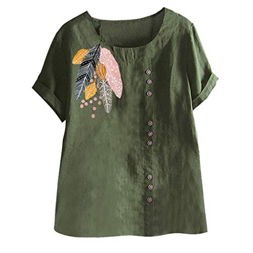 Camiseta de manga corta para mujer, con cuello redondo, manga corta, parte de lino, parche de manga corta, camiseta de manga corta, suelta, top suelto, elegante verde verde XXL