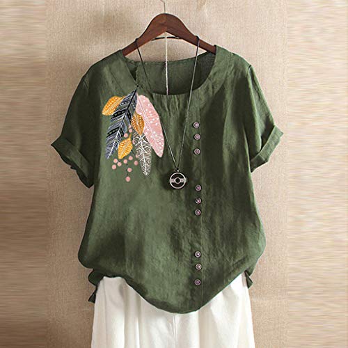 Camiseta de manga corta para mujer, con cuello redondo, manga corta, parte de lino, parche de manga corta, camiseta de manga corta, suelta, top suelto, elegante verde verde XXL