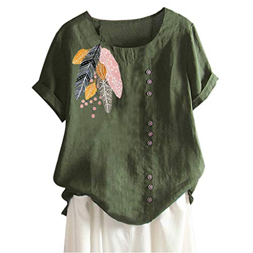 Camiseta de manga corta para mujer, con cuello redondo, manga corta, parte de lino, parche de manga corta, camiseta de manga corta, suelta, top suelto, elegante verde verde XXL