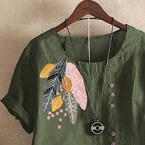 Camiseta de manga corta para mujer, con cuello redondo, manga corta, parte de lino, parche de manga corta, camiseta de manga corta, suelta, top suelto, elegante verde verde XXL