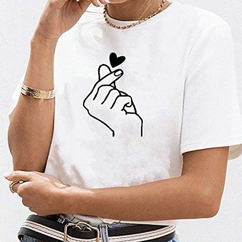 Camiseta de Mujer Manga Corta Corazón Impresión Blusa Camisa Cuello Redondo Basica Camiseta Suelto Verano Tops Casual Fiesta T-Shirt Original tee vpass (Blanco7, L)