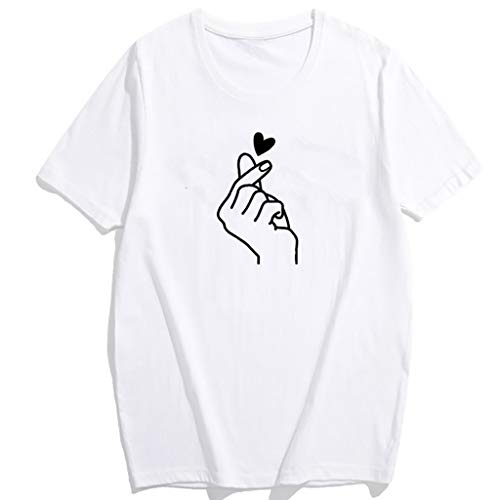 Camiseta de Mujer Manga Corta Corazón Impresión Blusa Camisa Cuello Redondo Basica Camiseta Suelto Verano Tops Casual Fiesta T-Shirt Original tee vpass (Blanco7, L)