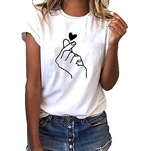 Camiseta de Mujer Manga Corta Corazón Impresión Blusa Camisa Cuello Redondo Basica Camiseta Suelto Verano Tops Casual Fiesta T-Shirt Original tee vpass (Blanco7, L)