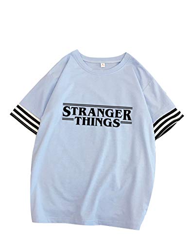 Camiseta Stranger Things Niña,Camiseta Stranger Things Mujer, Impresión T-Shirt Abecedario Camiseta Patchwork Camisa de Verano Regalo Camisetas y Tops (blue,L)