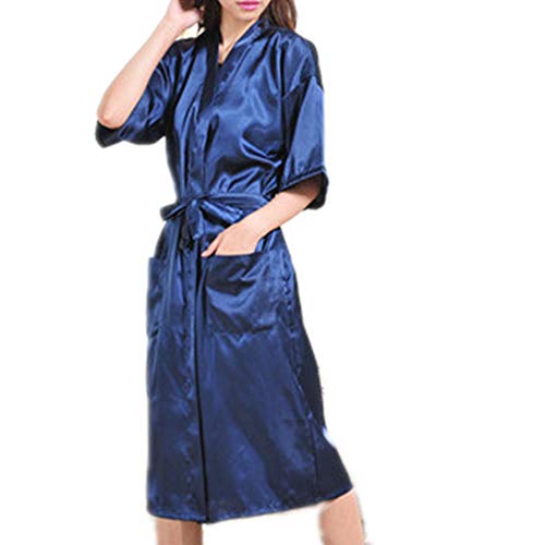 Camisón de seda sintética para mujer, pijama de verano de seda sólida Azul azul oscuro L