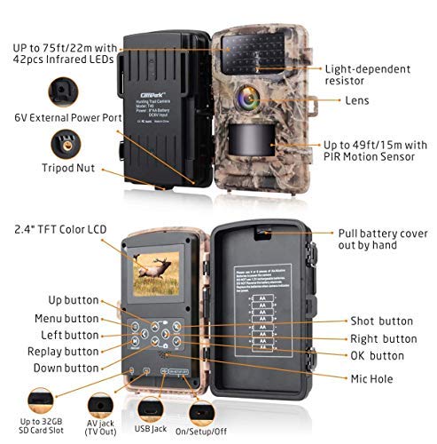 Campark Wildlife Cámara de Caza HD IP66 Trail Cámara 120 ° Gran Angular con Activación por Sensor de Movimiento Visión Nocturna e Infrarrojos Indicada para Vigilancia en Interiores e Exteriores