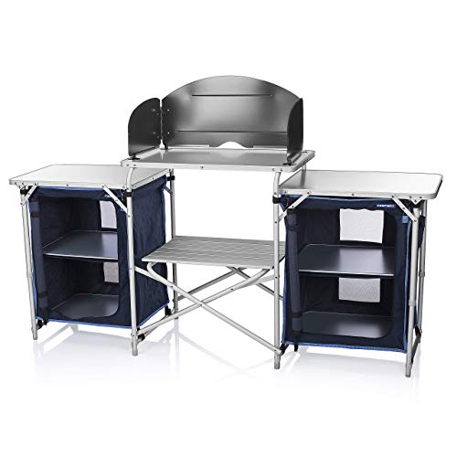 CamPart Travel Cocina de camping Málaga, Con paravientos, Dos compartimentos de almacenamiento, Armario doble, Azul, 172 x 48 x 79.5/110.5