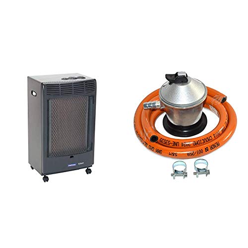 CAMPINGAZ Estufa de Gas CR 5000 Thermo Antracita, Estufa Portátil con Ruedas + S&M 321771 Regulador de Gas Butano Goma M + 2 Abraz, Gris/Naranja, 1,5 Metros de Tubo