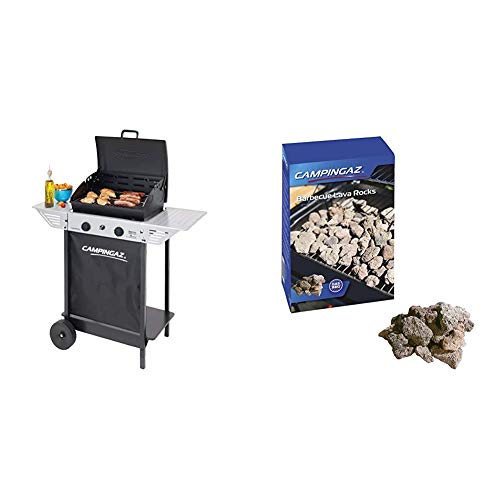 Campingaz Xpert 100 L Barbacoa gas, parrilla gas con dos quemadores compactos, 7.1 kW de potencia, parrilla de rejilla, 2 mesitas auxiliares y carro en acero + 205637 - Piedras lava, 3 kg