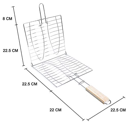 Canasta de Asado de Pescado, Parrilla de Barbacoa Acero Inoxidable, Portátil Plegable, Cesto Pescado Parrilla con Mango de Madera, para Pescado Verduras Carne, 44,5 x 22,5cm