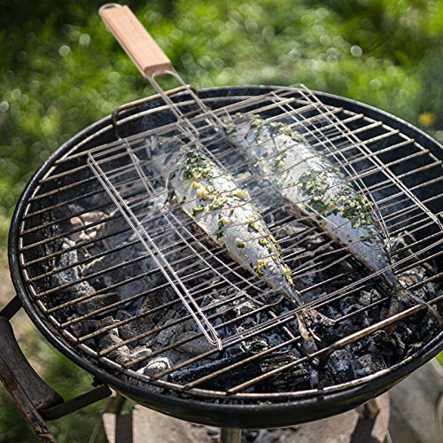 Canasta de Asado de Pescado, Parrilla de Barbacoa Acero Inoxidable, Portátil Plegable, Cesto Pescado Parrilla con Mango de Madera, para Pescado Verduras Carne, 44,5 x 22,5cm