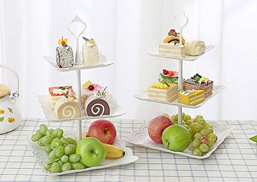 Candora - Juego de 3 soportes cuadrados de plástico para tartas, de imitación de cerámica, de 15,24 cm, 20,32 cm y 25,4 cm, para servir alimentos y postres (2 juegos)