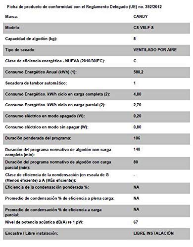 Candy CS V8LF-S - Secadora de Evacuación 8Kgs - Smart Touch - 14 Programas - Puerta XXL - Clase C