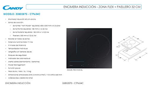 Candy CTP634C - Encimera inducción flexible, 60cm ancho, zona gigante 32cm, zona flex 40x20, 7,1kw, negro