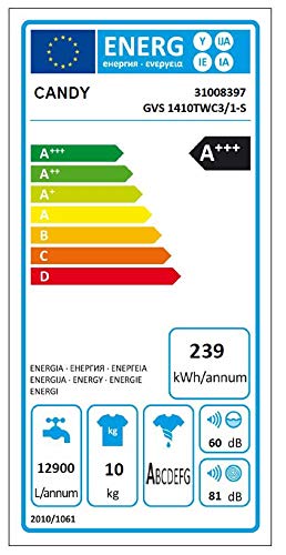 Candy GVS 1410TWC3/1-S - Lavadora de carga frontal 10Kgs, 1400rpm, NFC, función vapor, escotilla cromada, MPS+, clase A+++, color blanco