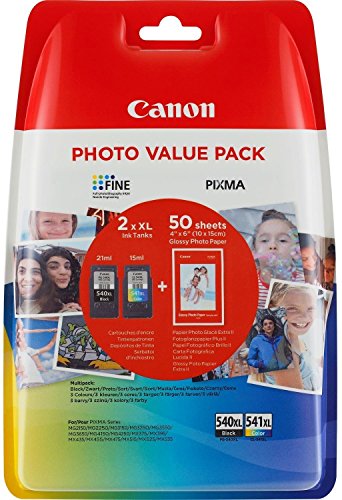 Canon PG-540XL+CL-541XL Cartucho de tinta original BK XL+Tricolor XL para Impresora de Inyeccion de tinta Pixma TS5150,5051-MX375,395,435,455,475,515,525,535-MG2150,2250,3150,3250,3550,3650,4150,4250