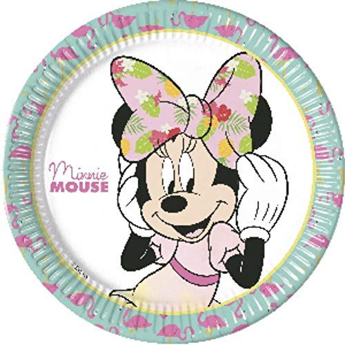 CAPRILO Lote de Cubiertos Infantiles Desechables Minnie Tropical. (16 Vasos, 16 Platos y 20 Servilletas) .Vajillas y Complementos. Juguetes para Fiestas de Cumpleaños, Bodas, Bautizos y Comuniones.