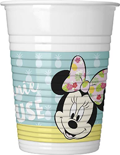 CAPRILO Lote de Cubiertos Infantiles Desechables Minnie Tropical. (16 Vasos, 16 Platos y 20 Servilletas) .Vajillas y Complementos. Juguetes para Fiestas de Cumpleaños, Bodas, Bautizos y Comuniones.