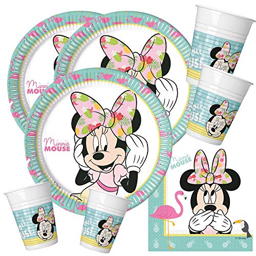 CAPRILO Lote de Cubiertos Infantiles Desechables Minnie Tropical. (32 Vasos, 32 Platos y 40 Servilletas) .Vajillas y Complementos. Juguetes para Fiestas de Cumpleaños, Bodas, Bautizos y Comuniones.