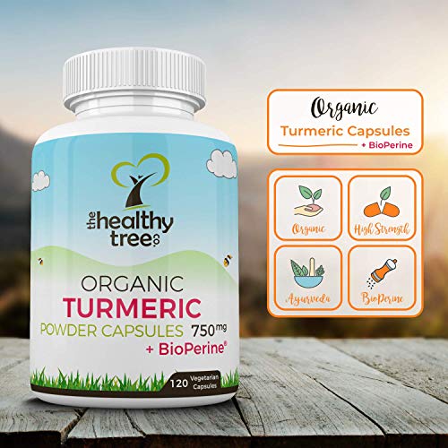 Cápsulas de Cúrcuma Orgánica de TheHealthyTree Company - Vegano, Alta Resistencia con Extracto de Pimienta Negra Piperina - Tabletas de Raíz de Curcumina, 120 x 750 mg por Cápsula