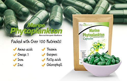 Capsulas de fitoplancton marino (180 capsulas x 400mg), MySuperFoods, el alimento más puro en la tierra, cultivado del mar profundo, Rico en micronutrientes, Agregue a jugos, smoothies y licuados.