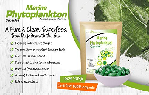 Capsulas de fitoplancton marino (180 capsulas x 400mg), MySuperFoods, el alimento más puro en la tierra, cultivado del mar profundo, Rico en micronutrientes, Agregue a jugos, smoothies y licuados.