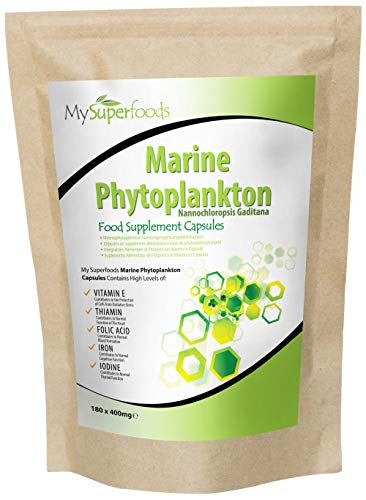 Capsulas de fitoplancton marino (180 capsulas x 400mg), MySuperFoods, el alimento más puro en la tierra, cultivado del mar profundo, Rico en micronutrientes, Agregue a jugos, smoothies y licuados.