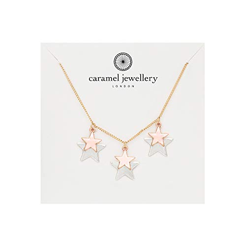 Caramel Jewellery London Collar de Encanto de Estrella Doble en Cascada 18ct 3 Color Dorado. Collar de Estrellas Celeste para Mujeres Damas Collar Largo 40cm