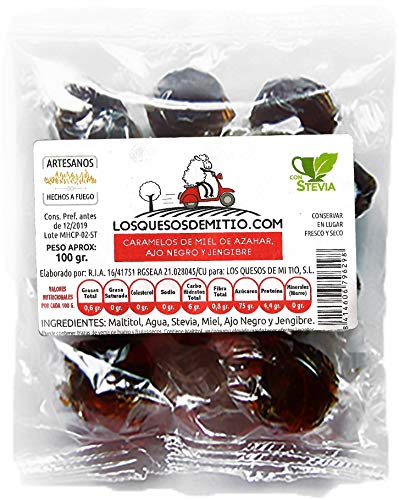 Caramelos artesanales de jengibre, miel de azahar y ajo negro elaborados sin azúcar añadido (originales y buenos para la garganta, 3 bolsas de 100g, con stevia), de Losquesosdemitio