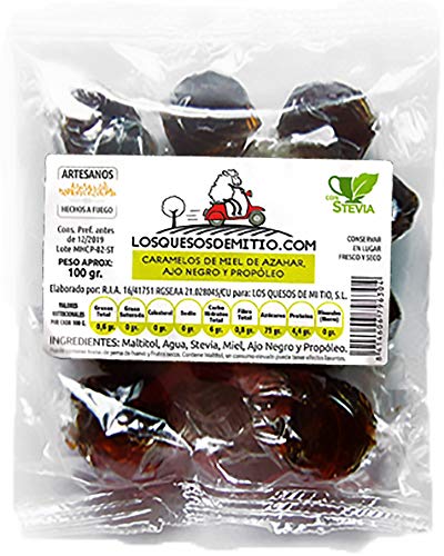 Caramelos artesanales de propoleo, miel de azahar y ajo negro elaborados sin azúcar añadido (originales y buenos para la garganta, 3 bolsas de 100g, con stevia), de Losquesosdemitio