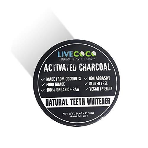 Carbón Activado LiveCoco para Blanqueamiento Dental, Blanqueamiento Dental Natural con Cáscaras de Coco, RAW y Grado Alimenticio sin Aromatizantes Artificiales, 100% Natural, Tina Grande, 80g=300 Us