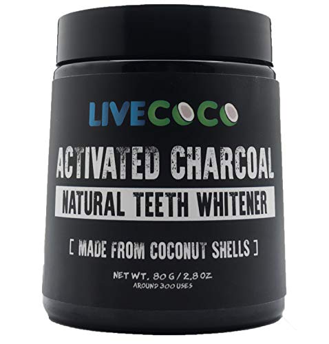 Carbón Activado LiveCoco para Blanqueamiento Dental, Blanqueamiento Dental Natural con Cáscaras de Coco, RAW y Grado Alimenticio sin Aromatizantes Artificiales, 100% Natural, Tina Grande, 80g=300 Us