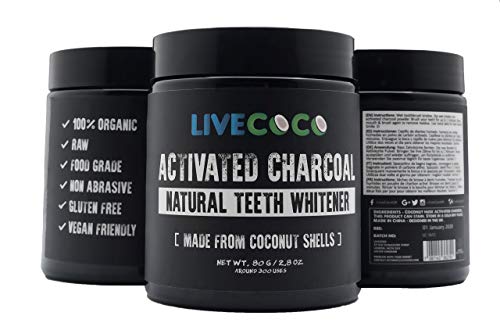 Carbón Activado LiveCoco para Blanqueamiento Dental, Blanqueamiento Dental Natural con Cáscaras de Coco, RAW y Grado Alimenticio sin Aromatizantes Artificiales, 100% Natural, Tina Grande, 80g=300 Us