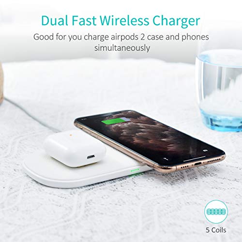 Cargador Inalámbrico Doble, CHOETECH Wireless Charger 5 Bobinas, con Adaptador QC 3.0, 7.5W para iPhone 11/11Pro/SE 2020/XR/XS/X/8, 10W Galaxy S20/S20+/Note10/S10/S9/S8 y 5W Huawei y Xiaomi, Airpods 2