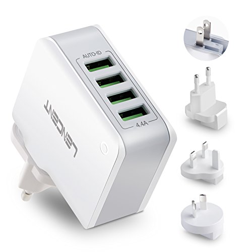 Cargador USB Multipuerto, LENCENT Ladron Enchufes, 4.4A 5V Adaptador para Viaje, Adaptadores de Enchufe Universal inglés/eeuu/EU/AUS para iPad, iPhone, Samsung Teléfonos Inteligentes