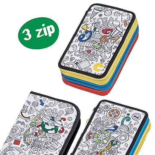 CARIOCA Estuche Colors | Estuche 3 Cremalleras con Material Escolar Escuela Infantil Primaria Secundaria con 18 Lápices de Colores 18 Rotuladores Punta Fina 2 Rotuladores para Tejidos y Set Papelerías