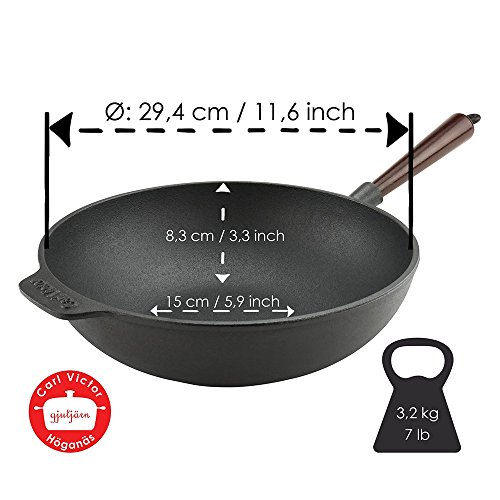 Carl Victor - Sartén Wok de Hierro Fundido 30 cm con Mango de Madera, Inducción